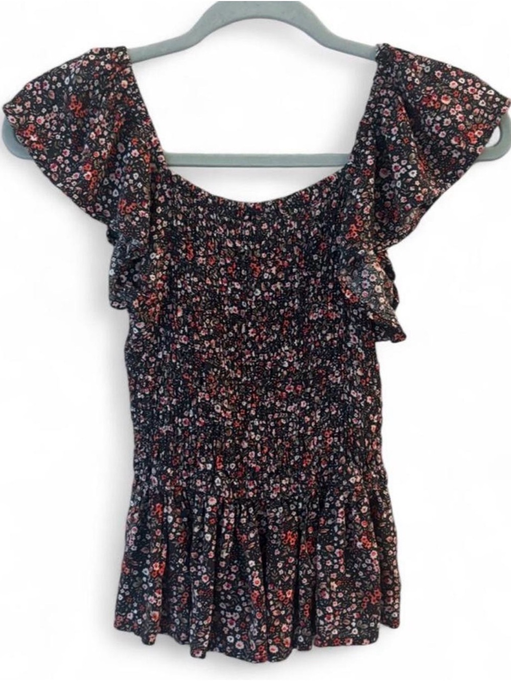 Black Floral Smocked Peplum Top with Pink & Red Blossoms - Picture 2 of 5
